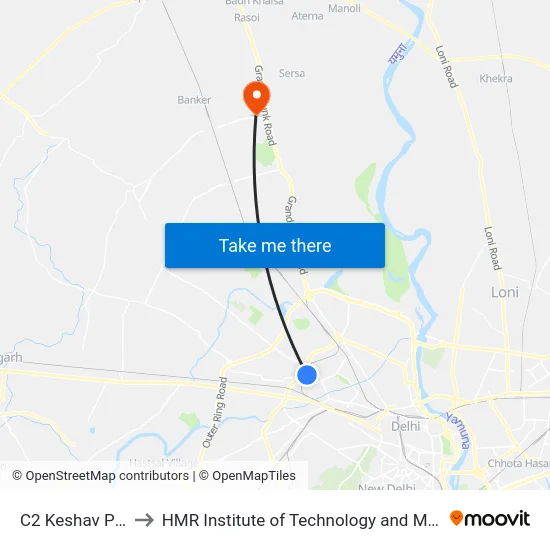 C2 Keshav Puram to HMR Institute of Technology and Management map