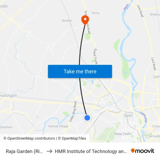 Raja Garden (Ring Road) to HMR Institute of Technology and Management map