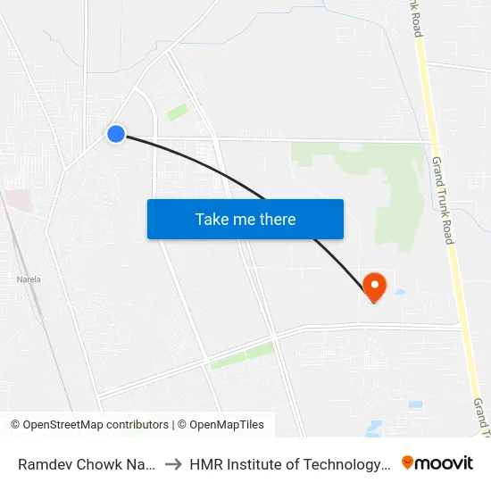 Ramdev Chowk Narela Terminal to HMR Institute of Technology and Management map