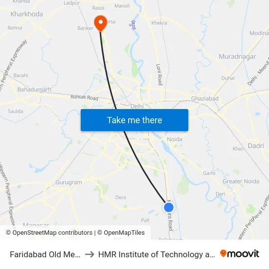 Faridabad Old Metro Station to HMR Institute of Technology and Management map