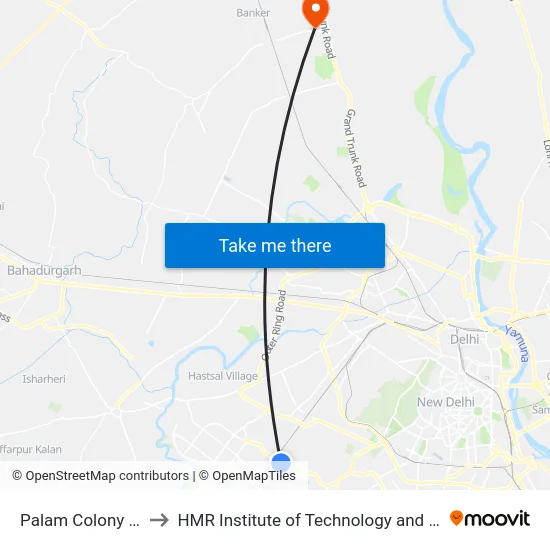Palam Colony Flyover to HMR Institute of Technology and Management map