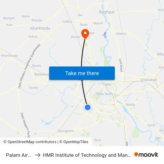 Palam Airport to HMR Institute of Technology and Management map
