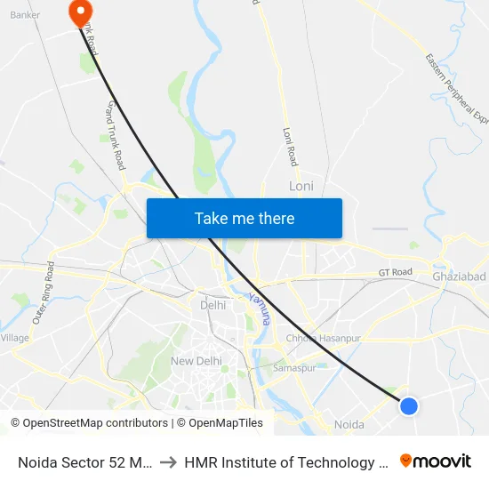 Noida Sector 52 Metro Station to HMR Institute of Technology and Management map