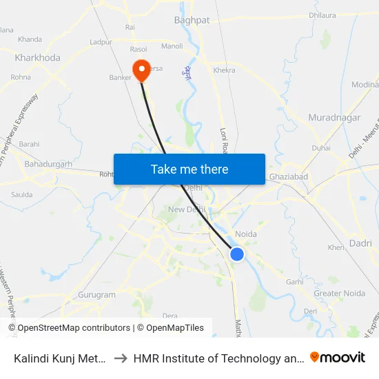 Kalindi Kunj Metro Station to HMR Institute of Technology and Management map