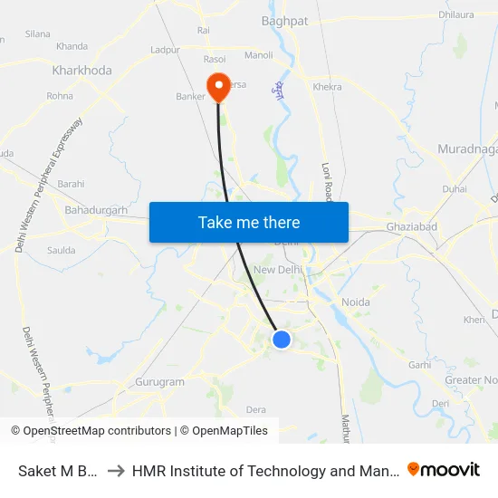 Saket M Block to HMR Institute of Technology and Management map