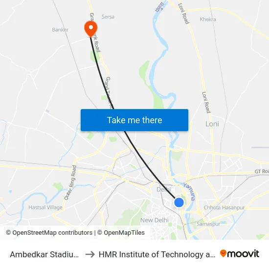 Ambedkar Stadium Terminal to HMR Institute of Technology and Management map