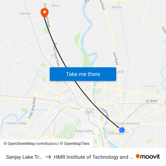 Sanjay Lake Trilokpuri to HMR Institute of Technology and Management map