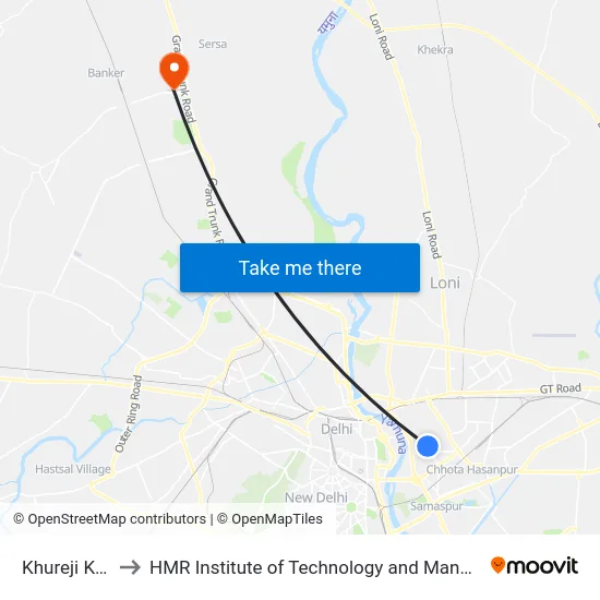 Khureji Khas to HMR Institute of Technology and Management map