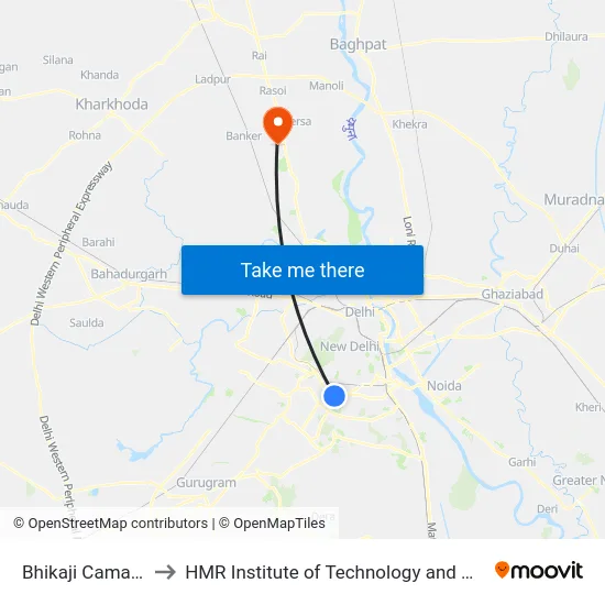 Bhikaji Cama Place to HMR Institute of Technology and Management map