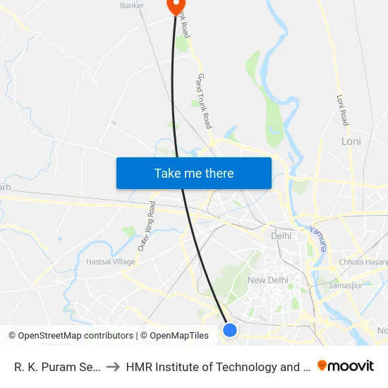 R. K. Puram Sector 12 to HMR Institute of Technology and Management map