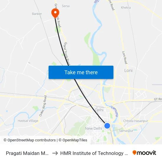 Pragati Maidan Metro Station to HMR Institute of Technology and Management map