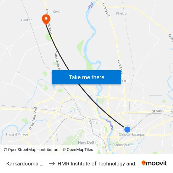 Karkardooma Crossing to HMR Institute of Technology and Management map