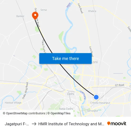 Jagatpuri F-Block to HMR Institute of Technology and Management map