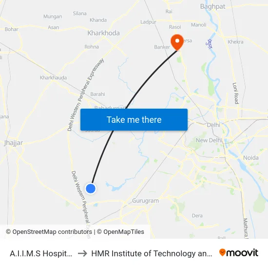 A.I.I.M.S Hospital Badsa to HMR Institute of Technology and Management map