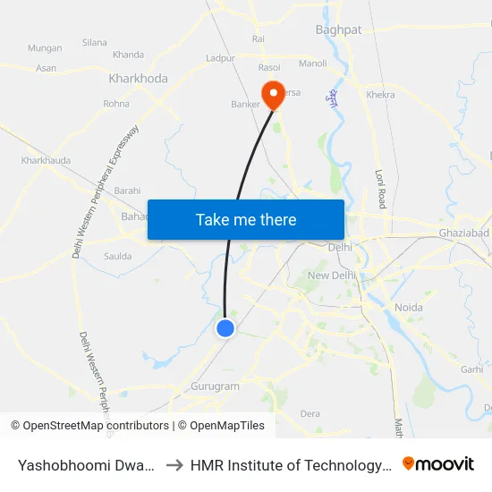 Yashobhoomi Dwarka Sector 25 to HMR Institute of Technology and Management map