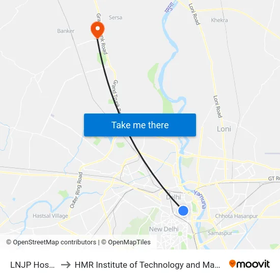 LNJP Hospital to HMR Institute of Technology and Management map