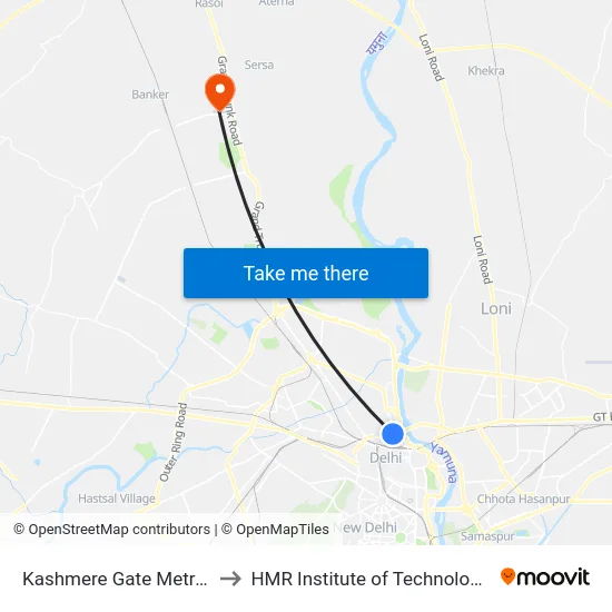 Kashmere Gate Metro Station Gate 4 to HMR Institute of Technology and Management map