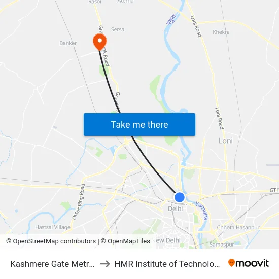 Kashmere Gate Metro Station Gate 5 to HMR Institute of Technology and Management map