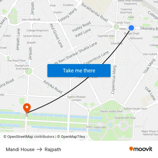 Mandi House to Rajpath map