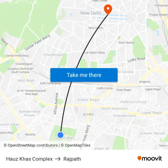 Hauz Khas Complex to Rajpath map