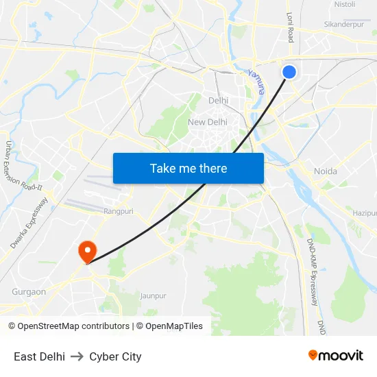 East Delhi to Cyber City map