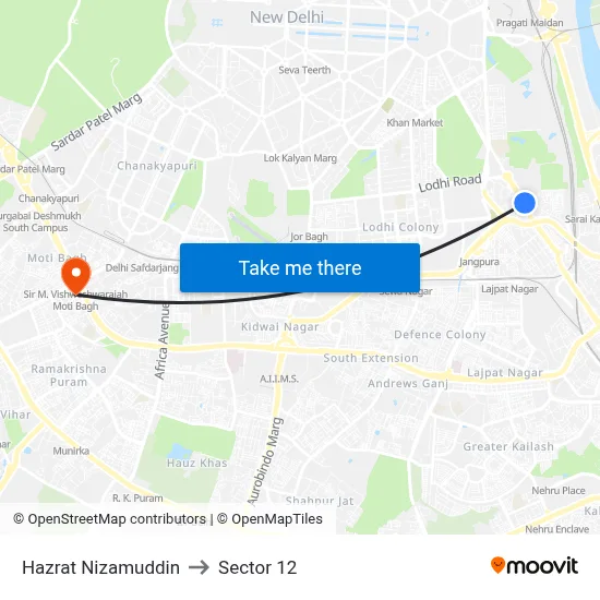 Hazrat Nizamuddin to Sector 12 map