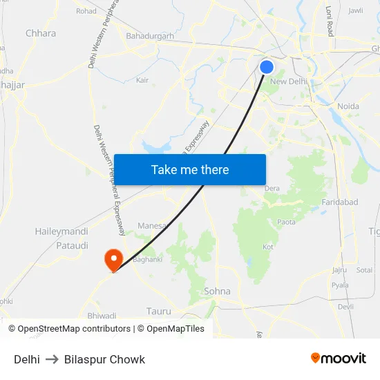Delhi to Bilaspur Chowk map