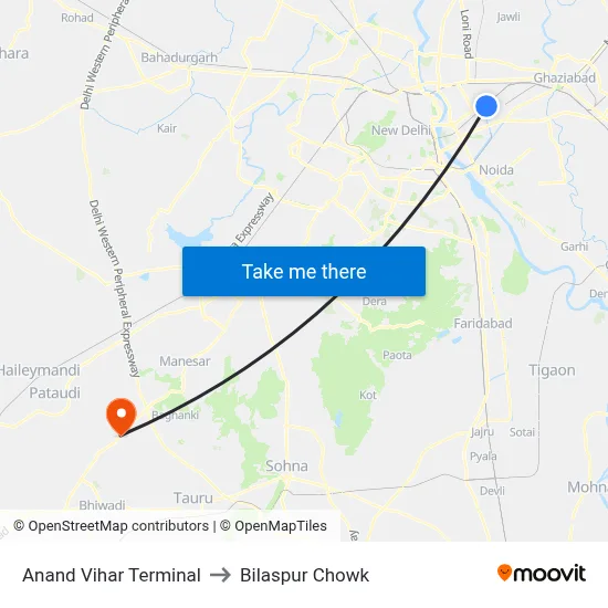 Anand Vihar Terminal to Bilaspur Chowk map