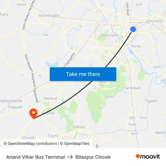 Anand Vihar Bus Terminal to Bilaspur Chowk map