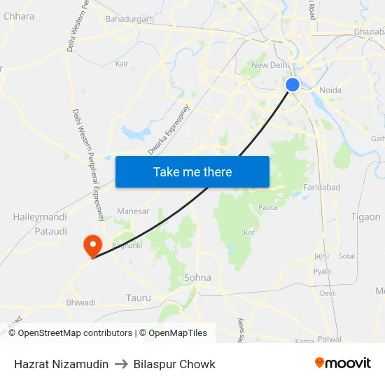Hazrat Nizamudin to Bilaspur Chowk map