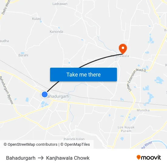 Bahadurgarh to Kanjhawala Chowk map
