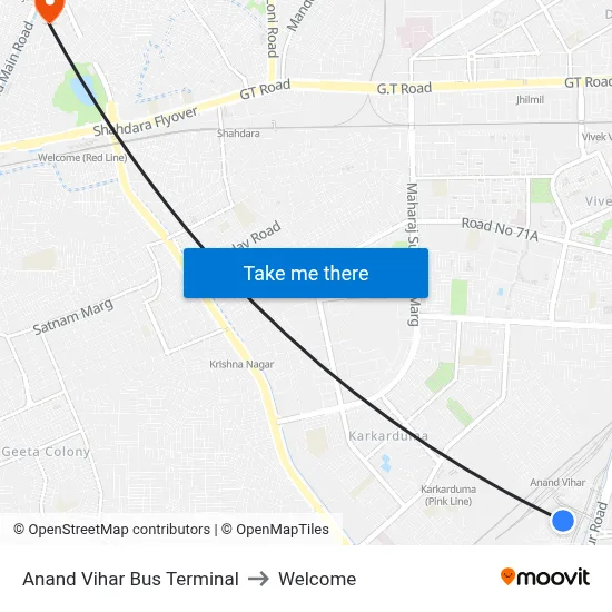 Anand Vihar Bus Terminal to Welcome map