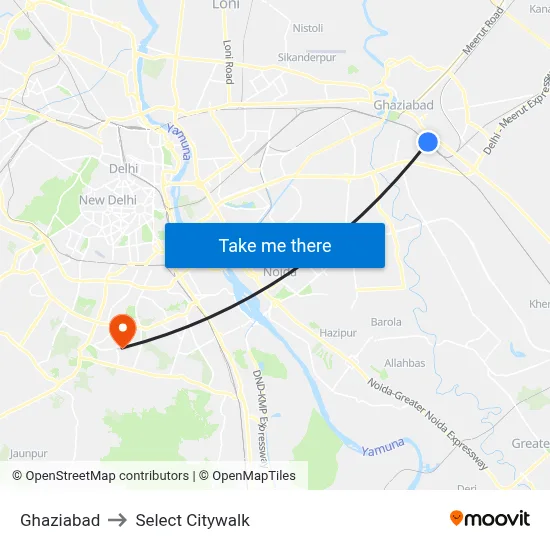 Ghaziabad to Select Citywalk map