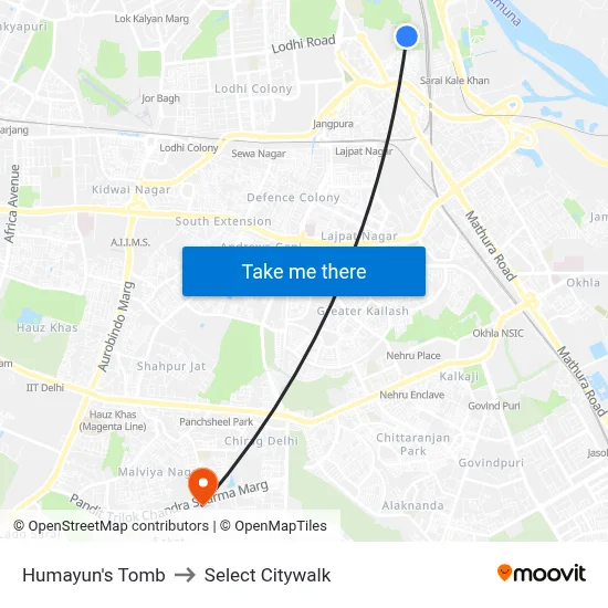 Humayun's Tomb to Select Citywalk map