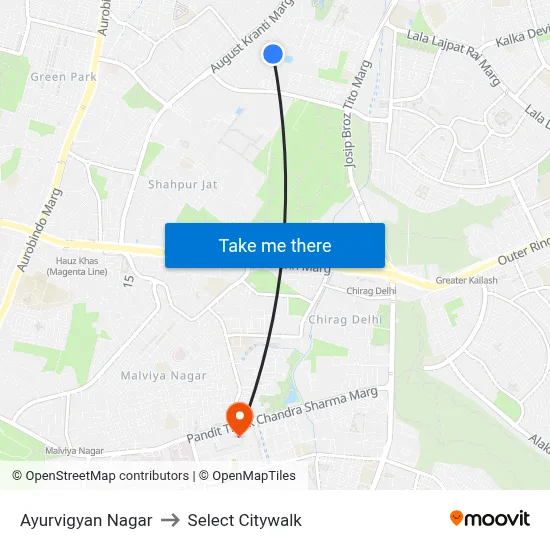 Ayurvigyan Nagar to Select Citywalk map