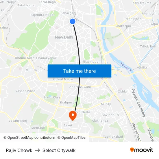 Rajiv Chowk to Select Citywalk map
