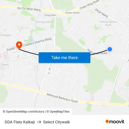 DDA Flats Kalkaji to Select Citywalk map