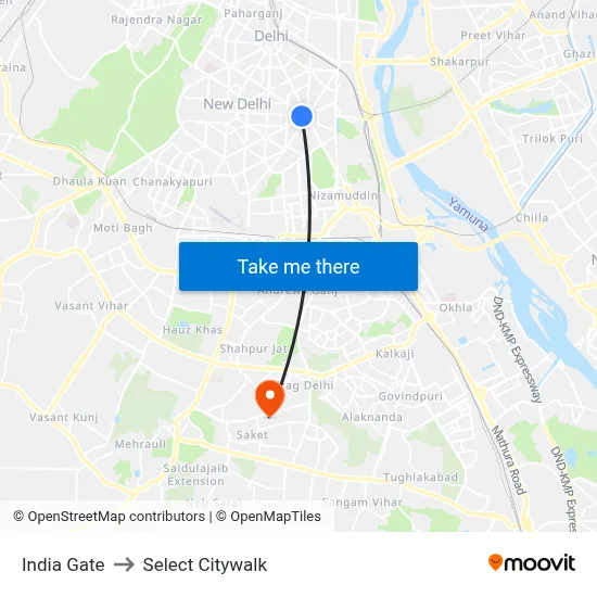 India Gate to Select Citywalk map