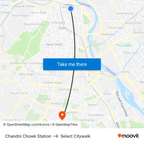 Chandni Chowk Station to Select Citywalk map
