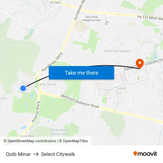 Qutb Minar to Select Citywalk map