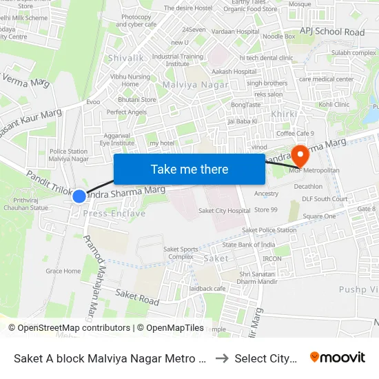 Saket A block Malviya Nagar Metro Station to Select Citywalk map