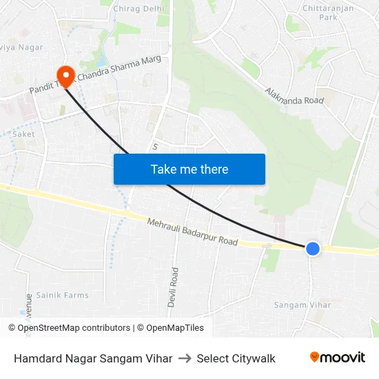 Hamdard Nagar Sangam Vihar to Select Citywalk map