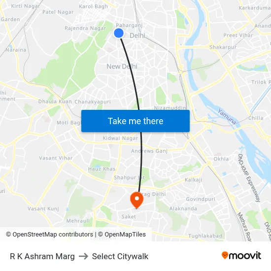 R K Ashram Marg to Select Citywalk map