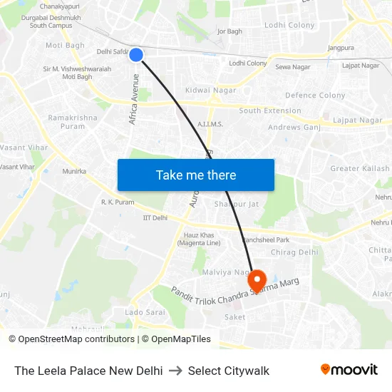 The Leela Palace New Delhi to Select Citywalk map
