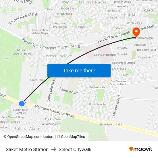 Saket Metro Station to Select Citywalk map