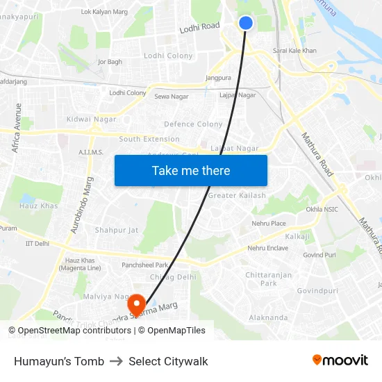 Humayun’s Tomb to Select Citywalk map