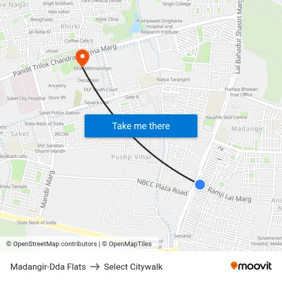 Madangir-Dda Flats to Select Citywalk map