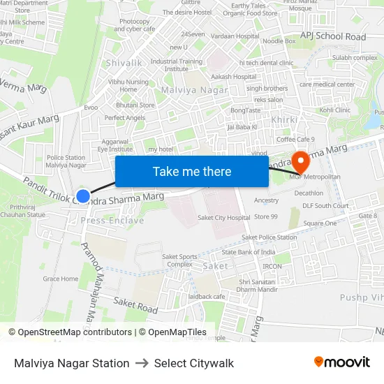 Malviya Nagar Station to Select Citywalk map