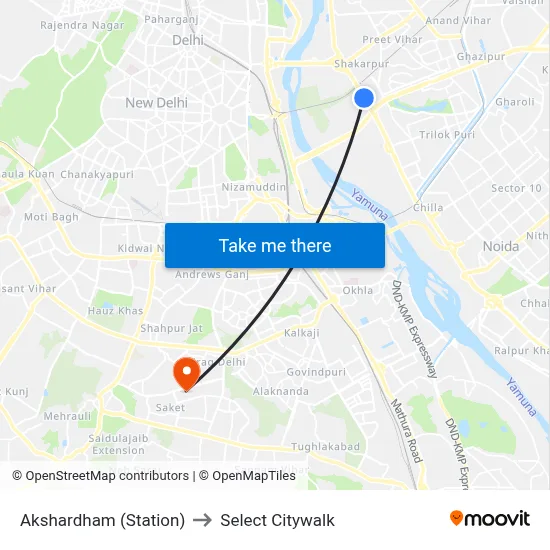 Akshardham (Station) to Select Citywalk map
