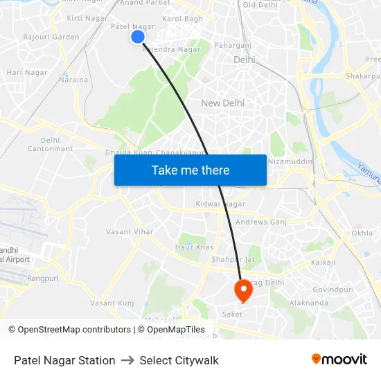 Patel Nagar Station to Select Citywalk map